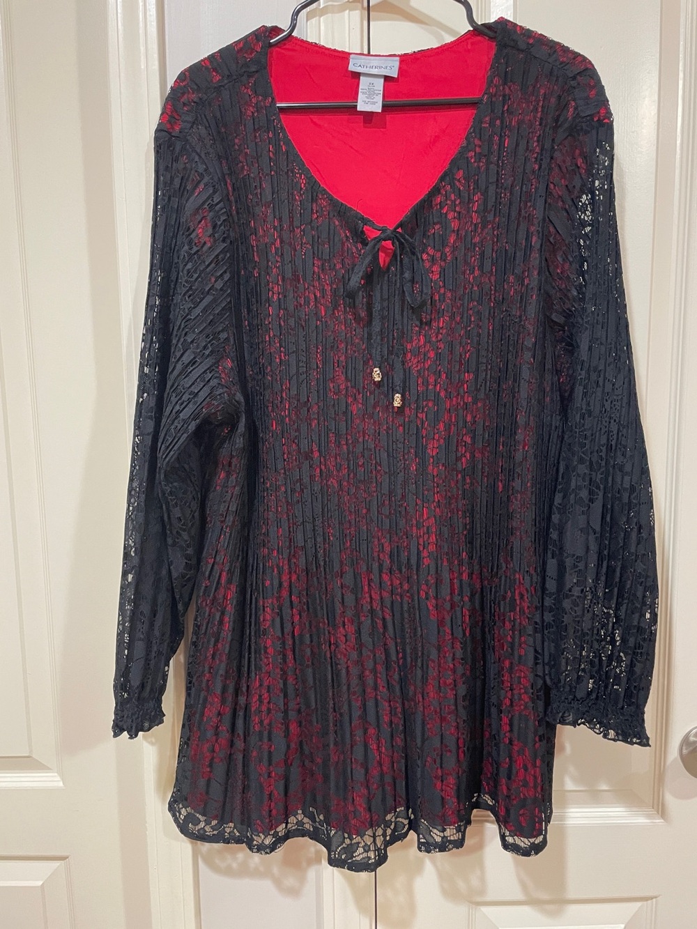 Catherine’s Black Lace Overlay Tunic with Red Underlayer